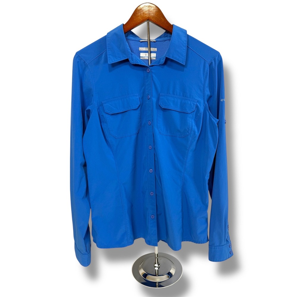 Columbia Button‎ Up Shirt Top Women's Large Omni Shade Hiking Fishing Blue